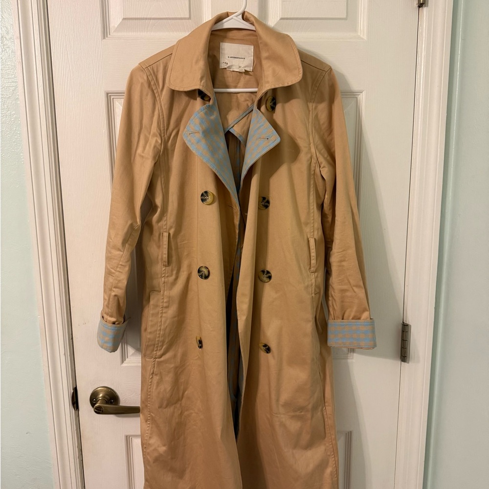 Anthropologie Tan Trench Coat with Blue Accents